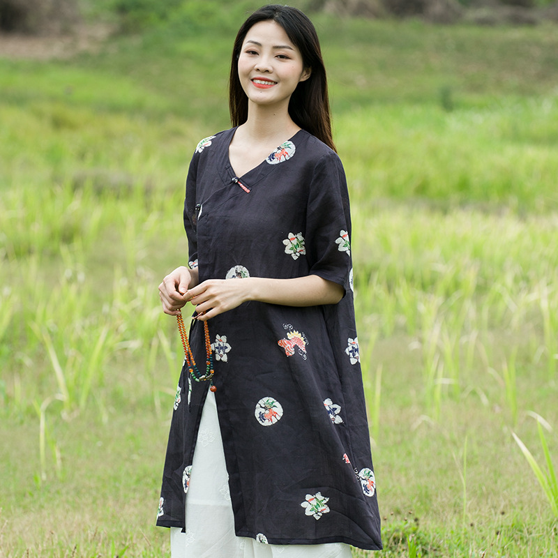 2020 summer new pattern Women's wear Chinese style tradition shirt Ramie printing Retro Short sleeved Thin section jacket Summer wear
