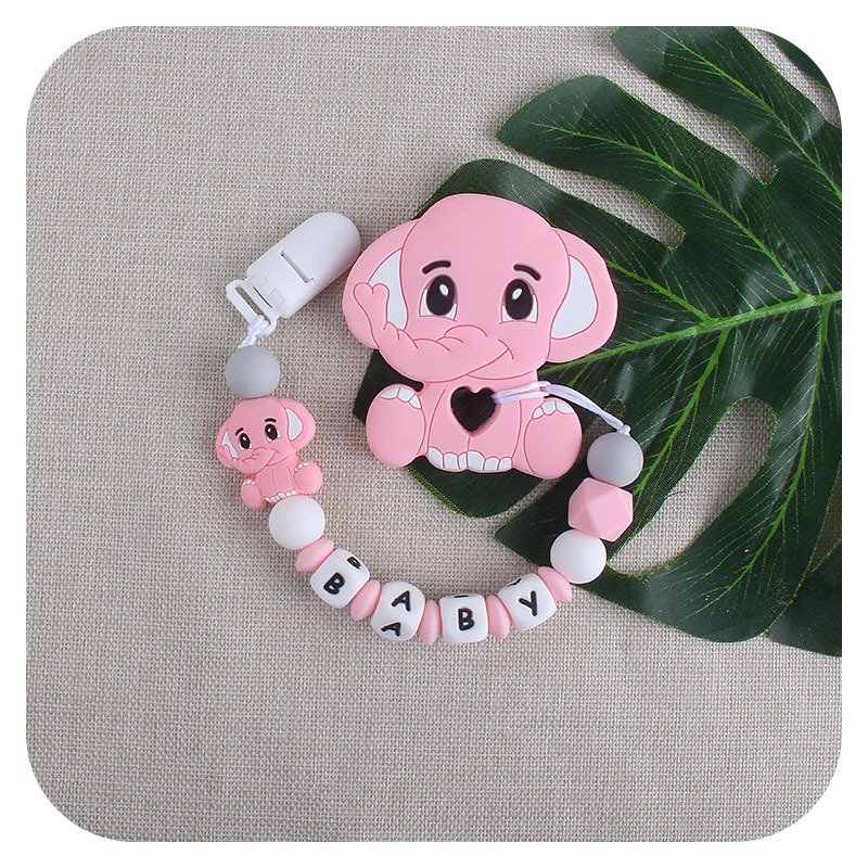 Nuevo clip de pico de pato de plástico elefante mordedor de silicona juguete molar carta de silicona mordedor bebé puede cambiar el nombre