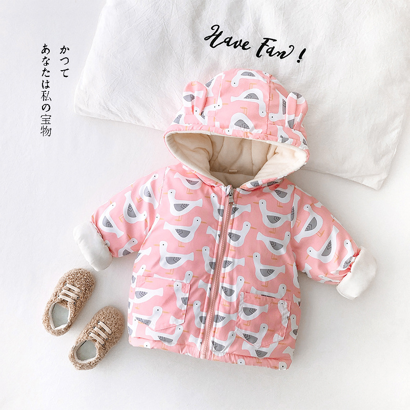 winter new pattern Female baby printing thickening coat Hooded fashion Boy Plush cotton-padded clothes neutral One piece On behalf of