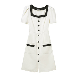 赫本风可盐可甜连衣裙女装2020夏季新款时尚气质方领拼接显瘦裙子