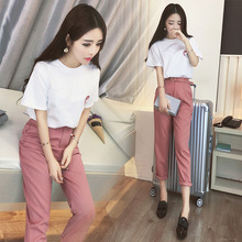 2020夏装新款韩版女两件套短袖印花休闲裤时尚学生修身套装