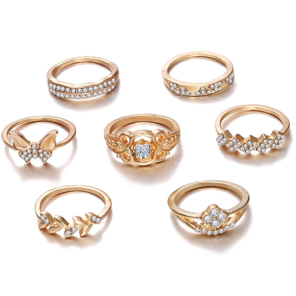 New Alloy Diamond Leaf Butterfly Ring Set 7-piece Retro Geometric Ring Wholesale display picture 2
