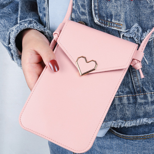 2020 new student buckle small bag, women's heart-shaped decorative transparent touch screen simple retro mobile phone bag