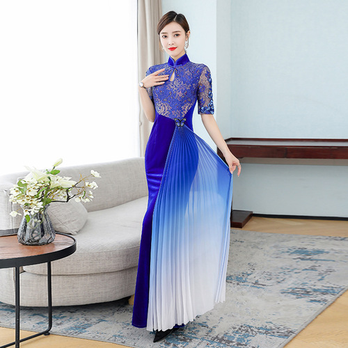 Royal blue Cheongsam young style noble Chinese style chinese dresses velvet autumn cheongsam lady ancient cheongsam