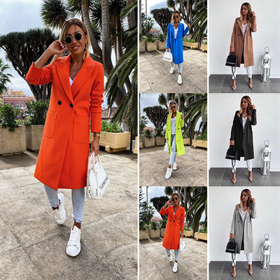 women's autumn and winter new fashion long candy color lapel woolen coat NSYD3752