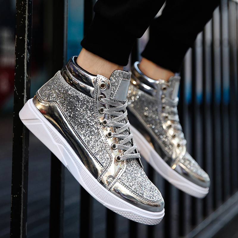 Cross-Border Large Size Leather Boots Glossy Personalized Martin Boots Men's Casual Sneakers High-Top Stage Retro Gold Boots