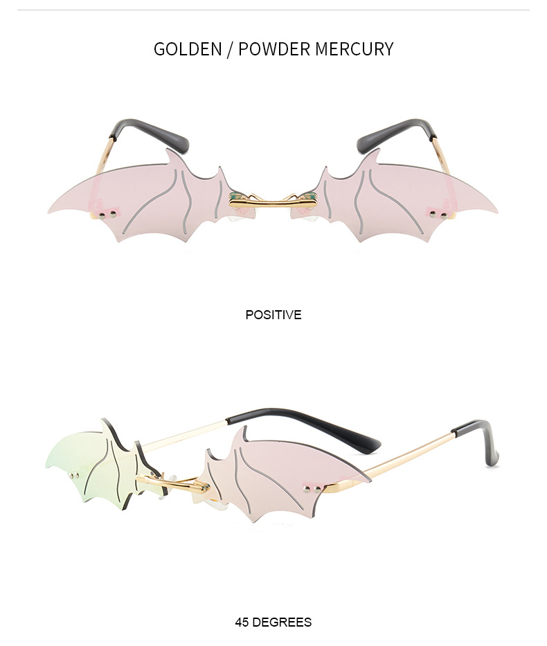 70g Weight Frameless Glasses Structure Sunglasses Classification PC, UV400 Protection Lens Material Special-Shaped Mirror Glasses Style Outdoor, Stage Occasion Halloween Festival Bat Pattern Unisex Gender Streetwear Style Gold Color Streetwear Bat PC UV400 Protection Special-Shaped Mirror Frameless Women's Sunglasses 6
