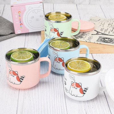 wholesale kindergarten Water cup children Cartoon Cup Gift Cup 304 Stainless steel double-deck With cover Anti scald Mug
