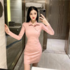 Sexy metal slant button shirt Lapel slim fit buttock wrap hip skirt long sleeve dress