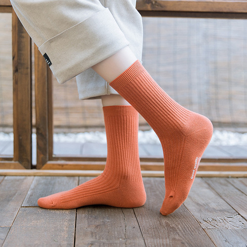Autumn and winter solid color socks for women, warm mid-calf socks for men, Japanese couple boat socks, solid color double-needle long socks for women