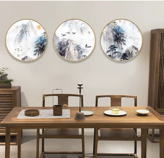 三联客厅圆形装饰画山水风景挂画玄关壁画餐厅背景墙画新中式油画