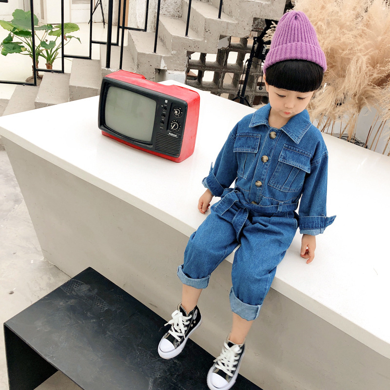 2020秋裝新款韓國兒童長袖牛仔工裝連體褲寶寶斜紋棉連體衣爬服