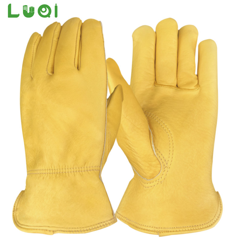 绿骑牛皮头层光面真皮手套耐磨防滑防寒柔软花园搬运司机摩托车