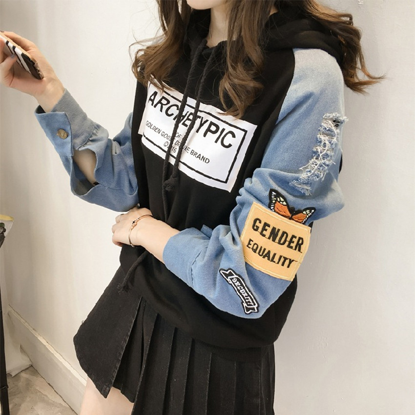 2022 Sweater Korean Edition student new pattern spring and autumn Easy hole cowboy Long sleeve Hooded jacket Women's wear