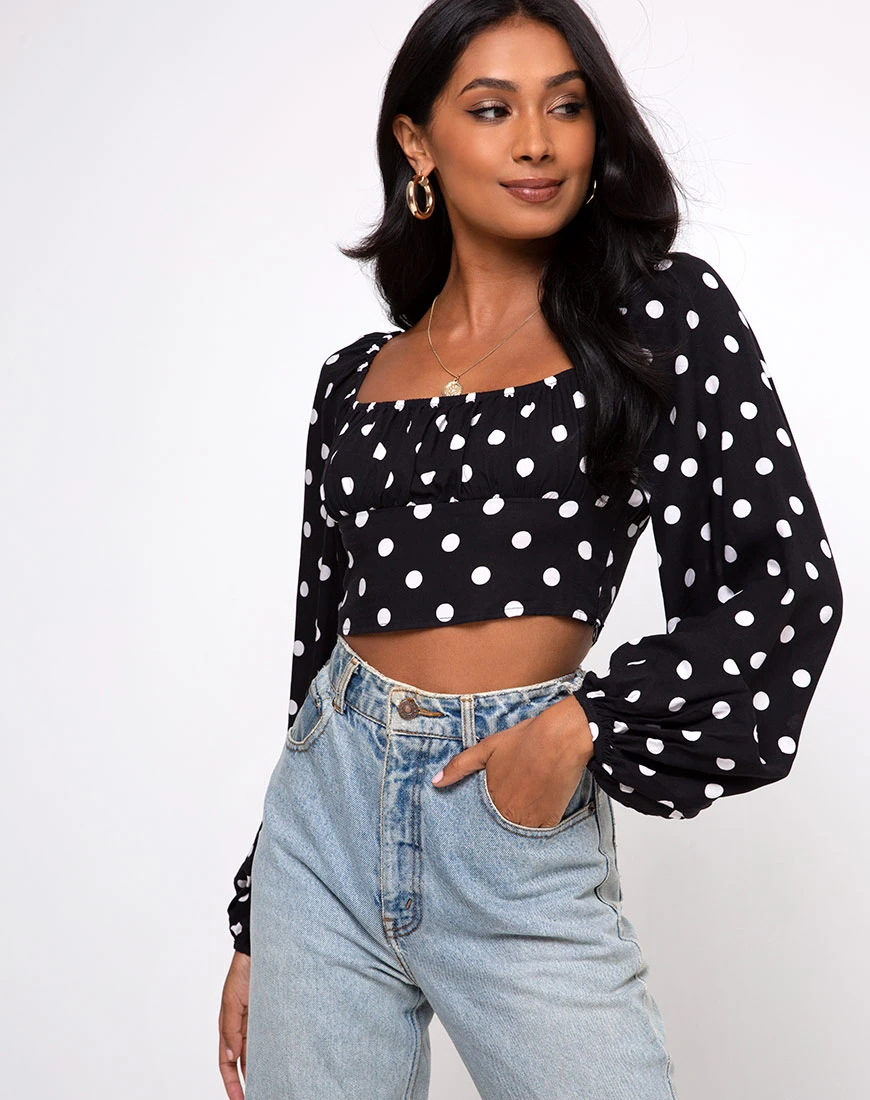 Polka Dot Print Lantern Sleeve Square Neck T-Shirt NSYF1117