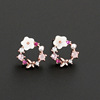 Earrings, golden zirconium from pearl, flowered, Korean style, pink gold, wholesale