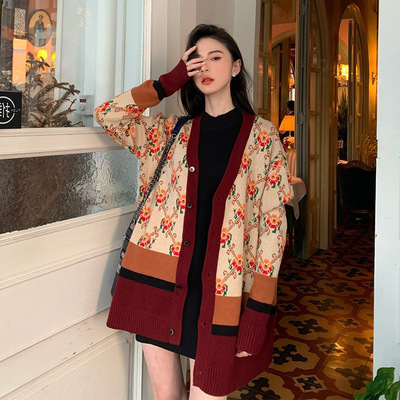 2020秋网红碎花针织开衫女复古慵懒风宽松上衣中长款加厚毛衣外套|ru