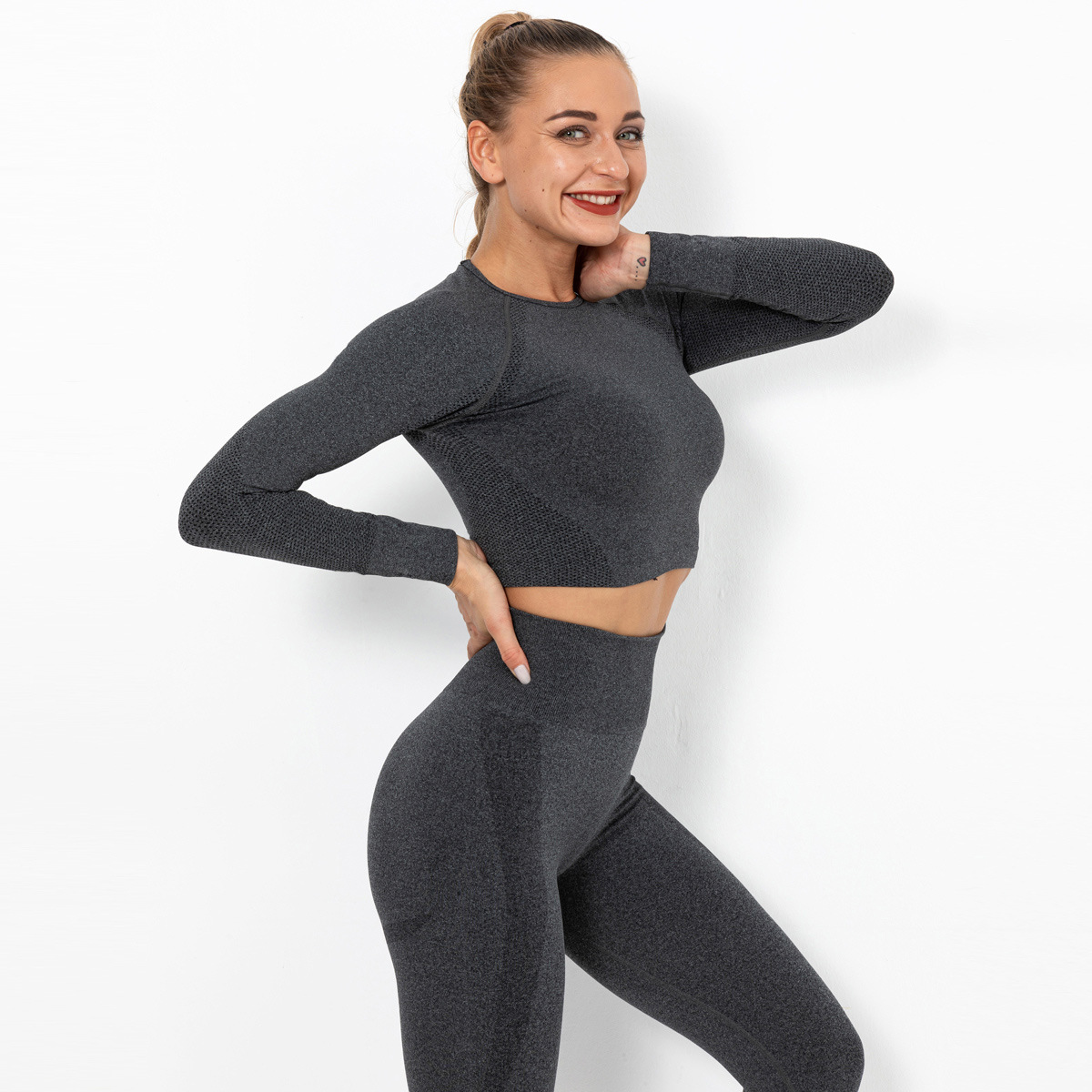 Seamless Knitted Sexy Solid Color Long-Sleeved Yoga Clothes NSNS12220