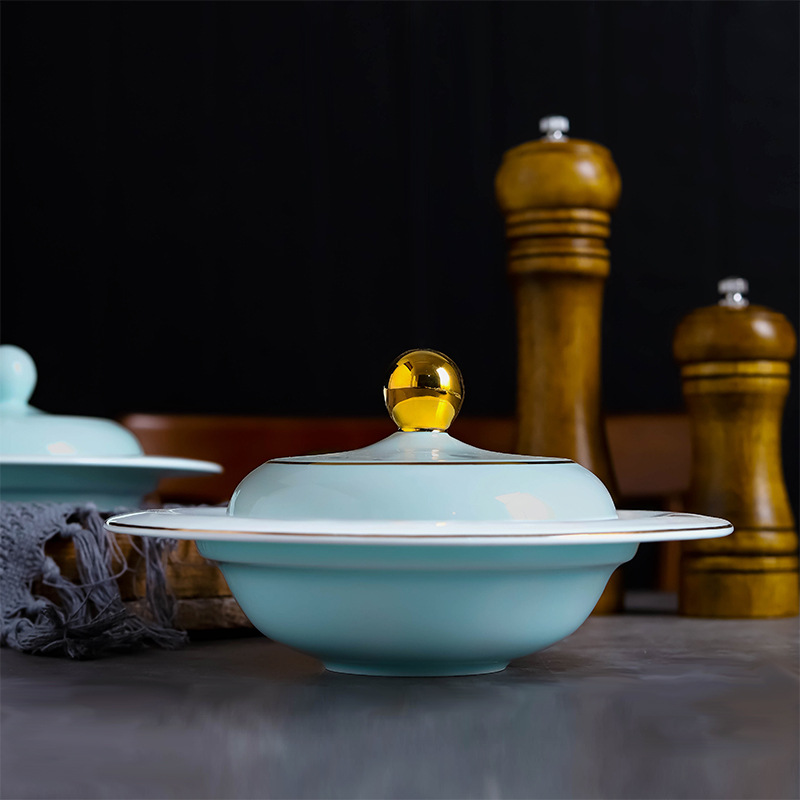 描金青色陶瓷燕窩魚翅炖盅糖水碗甜品盅帶蓋高級酒店餐廳會所定制
