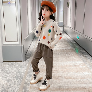 女童洋气网红套装秋冬装2020新款中大童圆点貂绒毛衣毛呢裤两件套