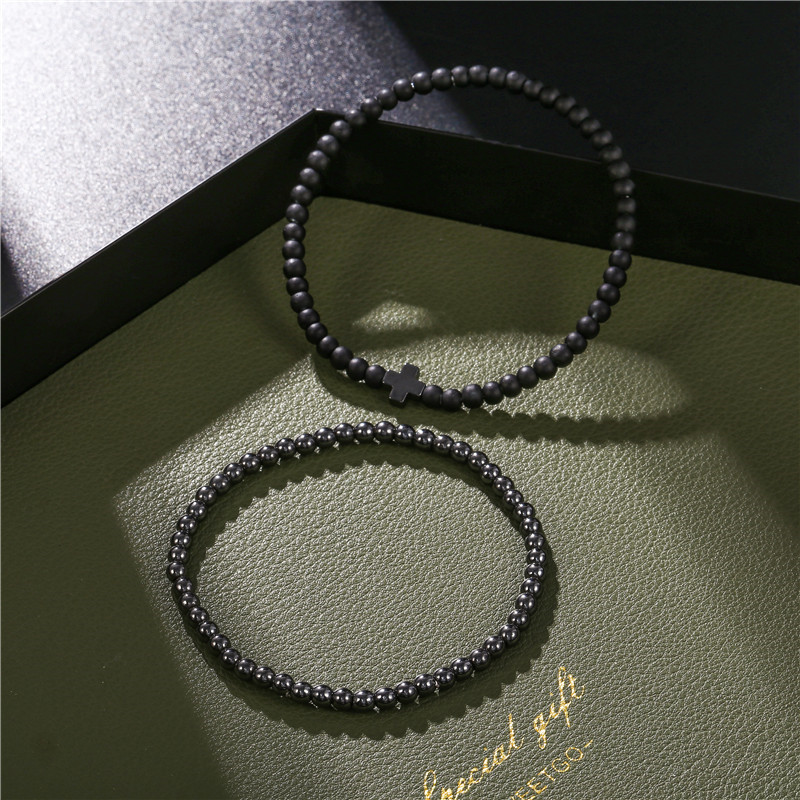 New Fashion Simple 4mm Black Matte Copper Beads Wear Cross Elastic Suit Bracelet display picture 3