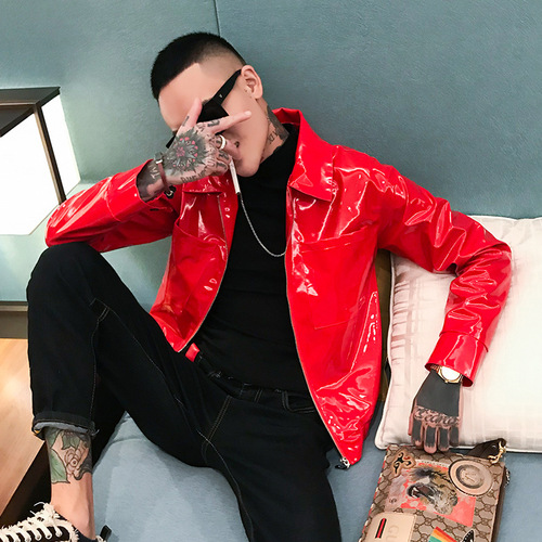 men youth red black leather punk rock jazz dance jackets rapper music production singers coats glossy locomotive social guy suit coat lapel jacket fur clothing wholesale