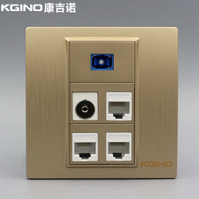 86型拉丝金三口千兆电脑电视光纤插座香槟金网线宽带有线电视面板