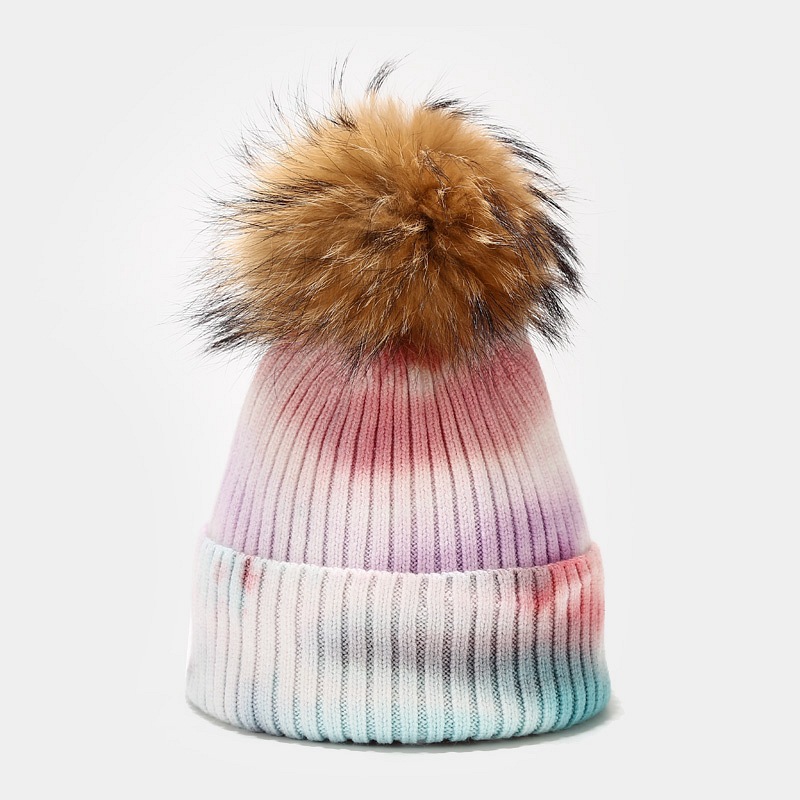 Nuevo gorro de punto con diseño de mapache teñido anudado para mujer, gorro de bola de pelo para otoño e invierno, gorro de hilo con núcleo resistente al viento para exteriores_voghion.com