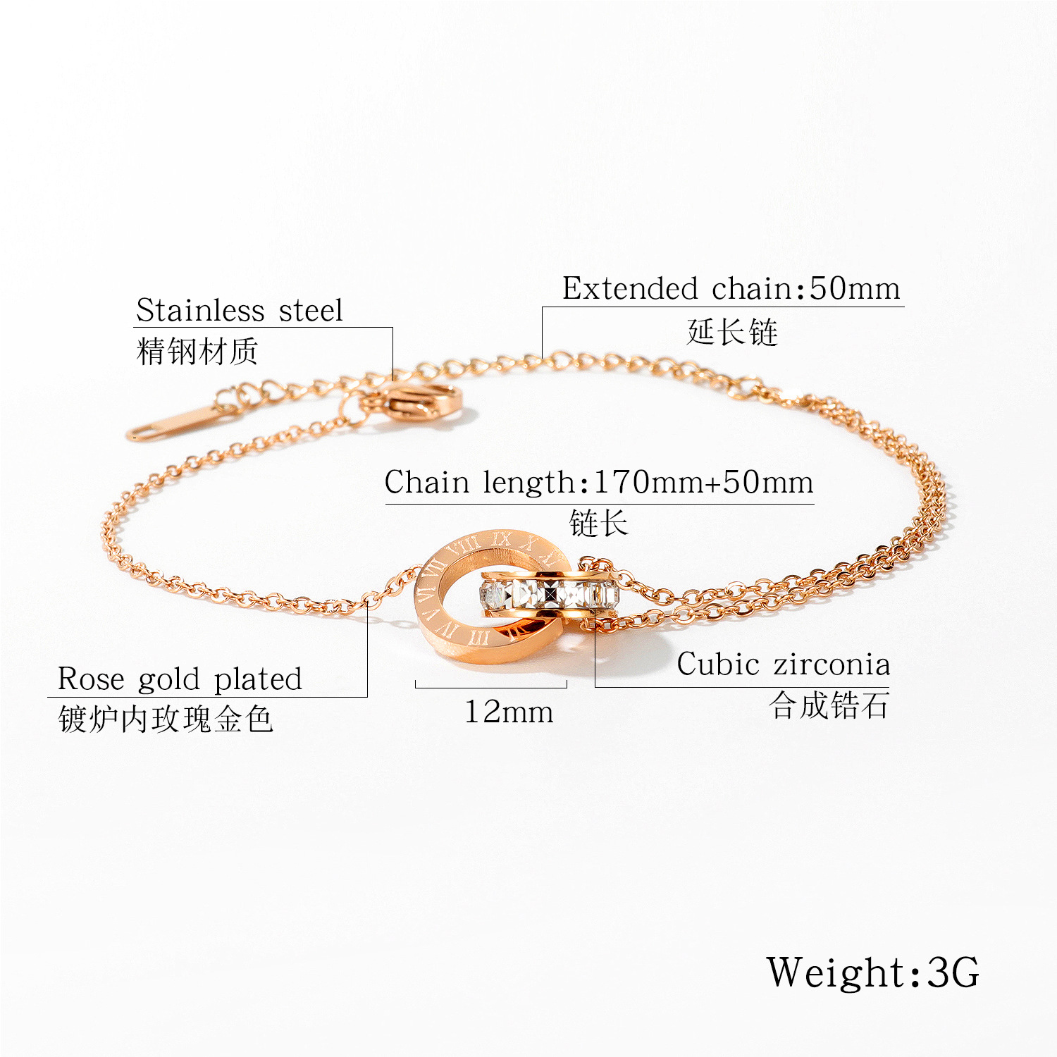 Koreanische Mode Titan Stahl Doppel Ring Mit Diamant Roman Digital Armband Weibliche Einfache Rose Gold Armband Armband Armband Schmuck display picture 1