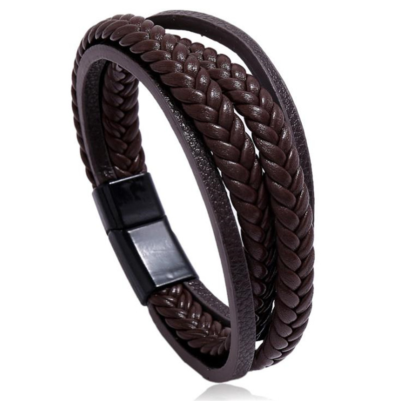 Hot selling jewelry, multi-layer simple woven men's leather bracelet, new magnetic buckle cowhide bracelet_voghion.com
