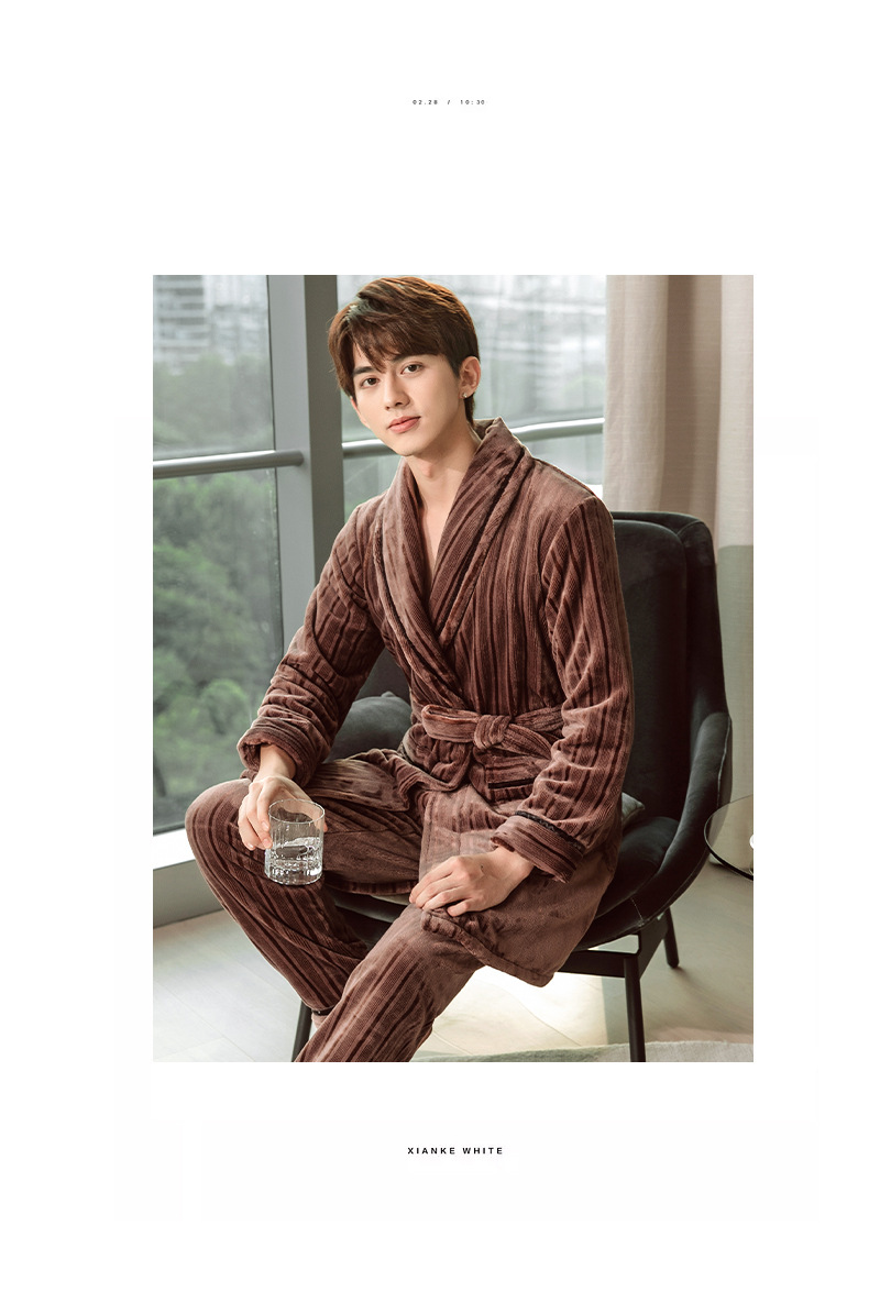 Pigiama da donna GraceChic GraceChic, set di vestaglia e pantaloni in pile corallo autunnale, abbigliamento da casa in flanella a righe per uomo, set invernale_voghion.com