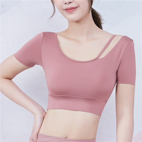 Sports Bra for Women with Padded Cup Yoga Backless Tank Top Short Sleeve T-Shirt Tight Crop Top Quick Dry Running Nylon Fitness Clothing