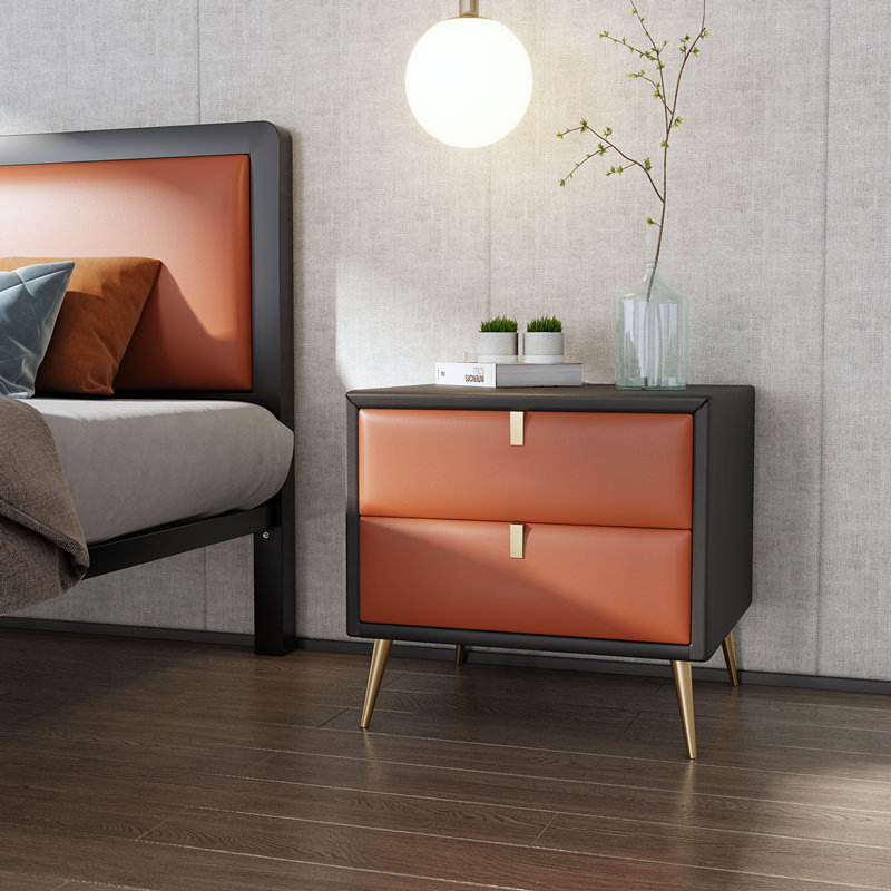 Italian Minimalist Light Luxury Bedside Table Leather Solid Wood Simple Modern Fashion Nordic Bedroom Storage Complete Bedside Cabinet