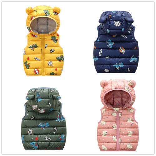  New Children's Cartoon Style Down Cotton Hooded Vest Candy Color Middle and Small Children Lightweight Outerwear Baby Wide Shoulder