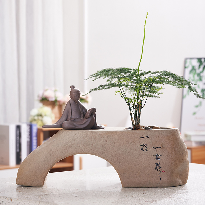 Creative Ceramic Flower Pot Set Stoneware Zen Plant Potted Utensils Retro Simple Stoneware Bonsai Flower Pot Container