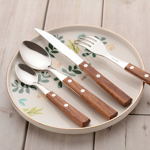 Amazon Best Seller Set of Wooden Handle Steak Knife, Fork, and Spoon with 304 Stainless Steel - Western Cuisine Gift with Logo