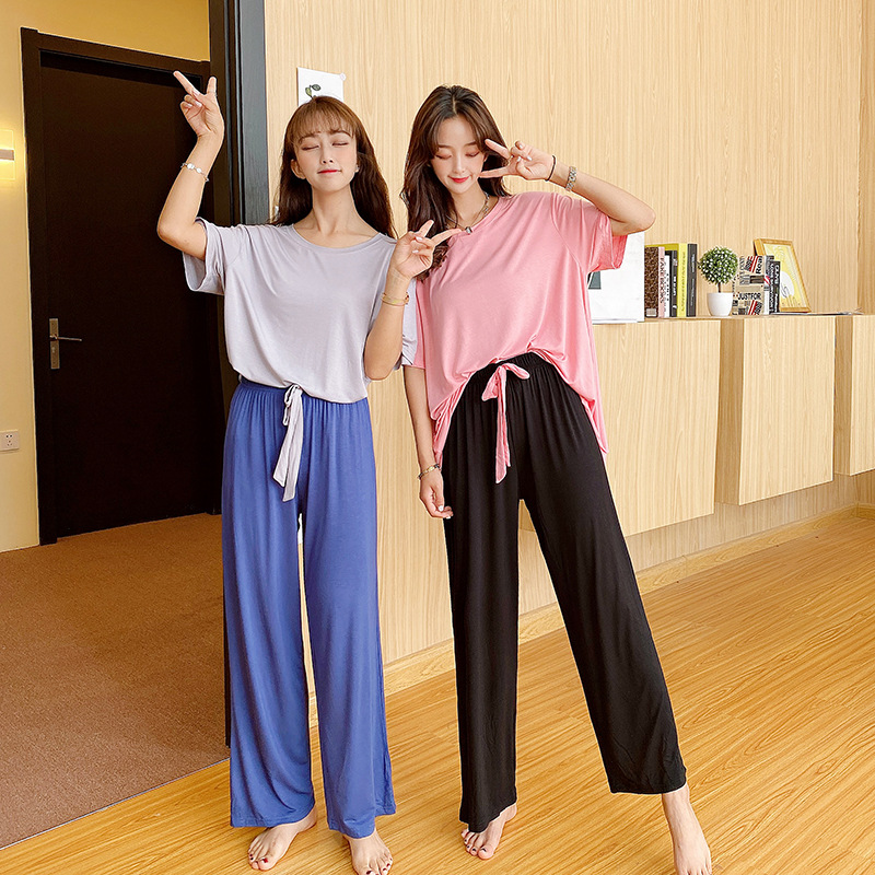 夏季新款比特棉撞色大码家居服胖MM不规则圆领短袖+系带长裤套装
