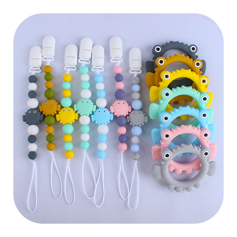 Nuevo pico chupete clip burbuja pescado cabeza grande silicona mordedor bebé silicona molar juguete mordedor chupete cadena