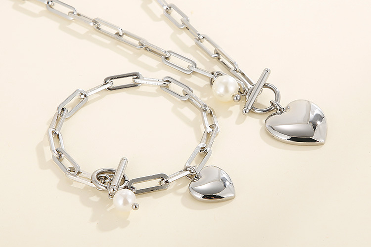 fashion stainless steel peach heart OT buckle necklace bracelet set wholesale Nihaojewelry