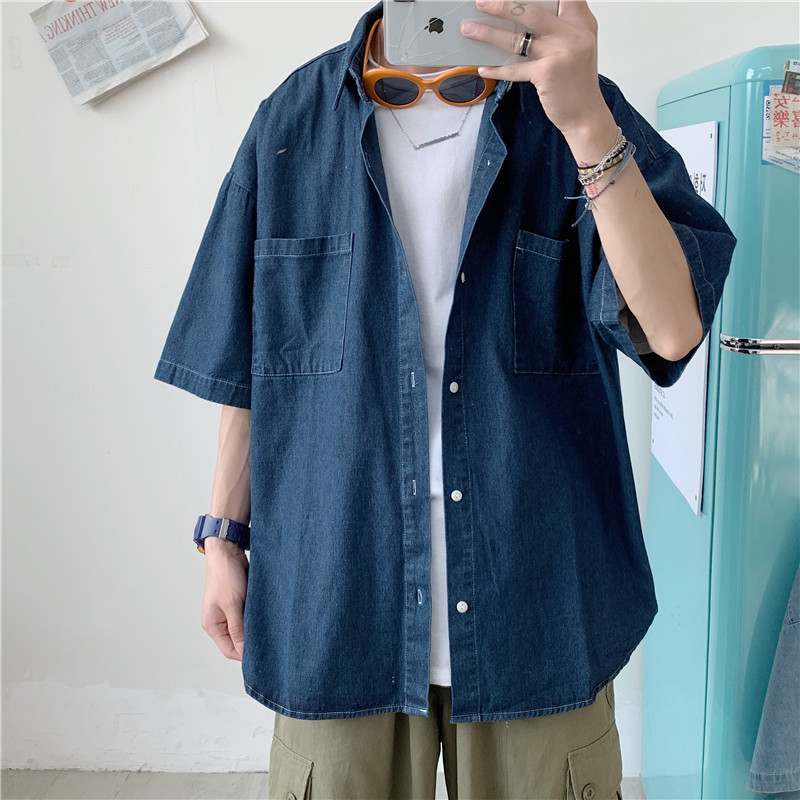 Summer Trendy Brand 5-point Short-sleeved Denim Shirt Men's ins Korean-style Trendy Couple Loose All-match bf Half-sleeved Shirt