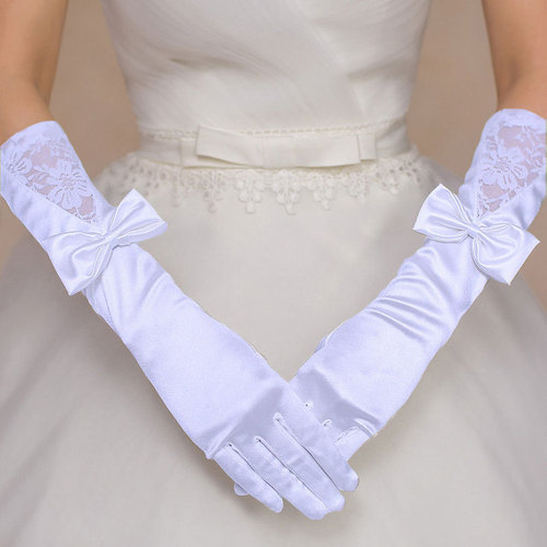 Lace Elbow Length Satin Satin Gloves Fingered Wedding Dress Gloves Elbow Length Embroidered Bow Long Gloves