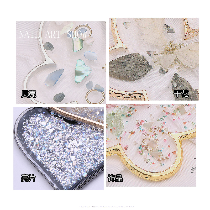 Nail ágata transparente resina borde dorado flor seca Shell lentejuelas mariposa Pentagram amor paleta placa herramienta de la joyería