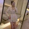 2020 Autumn new pattern Long sleeve suit coat Mosaic Hollow grid Pearl Chain Mid length version Cardigan Skirt suit