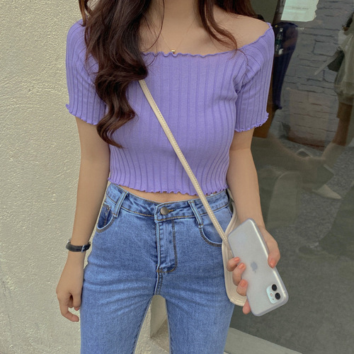 Short White Top for Women, 2025 Summer Ins-style Korean-style Off-shoulder Short-sleeve T-shirt with Knitted Base Layer