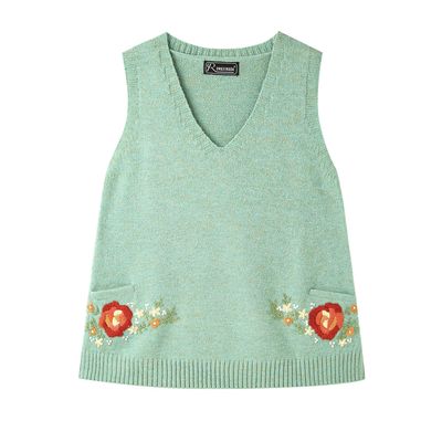 复古Vintage手工绣花羊毛V领套头马甲裙女装宽松毛衣8962/8911