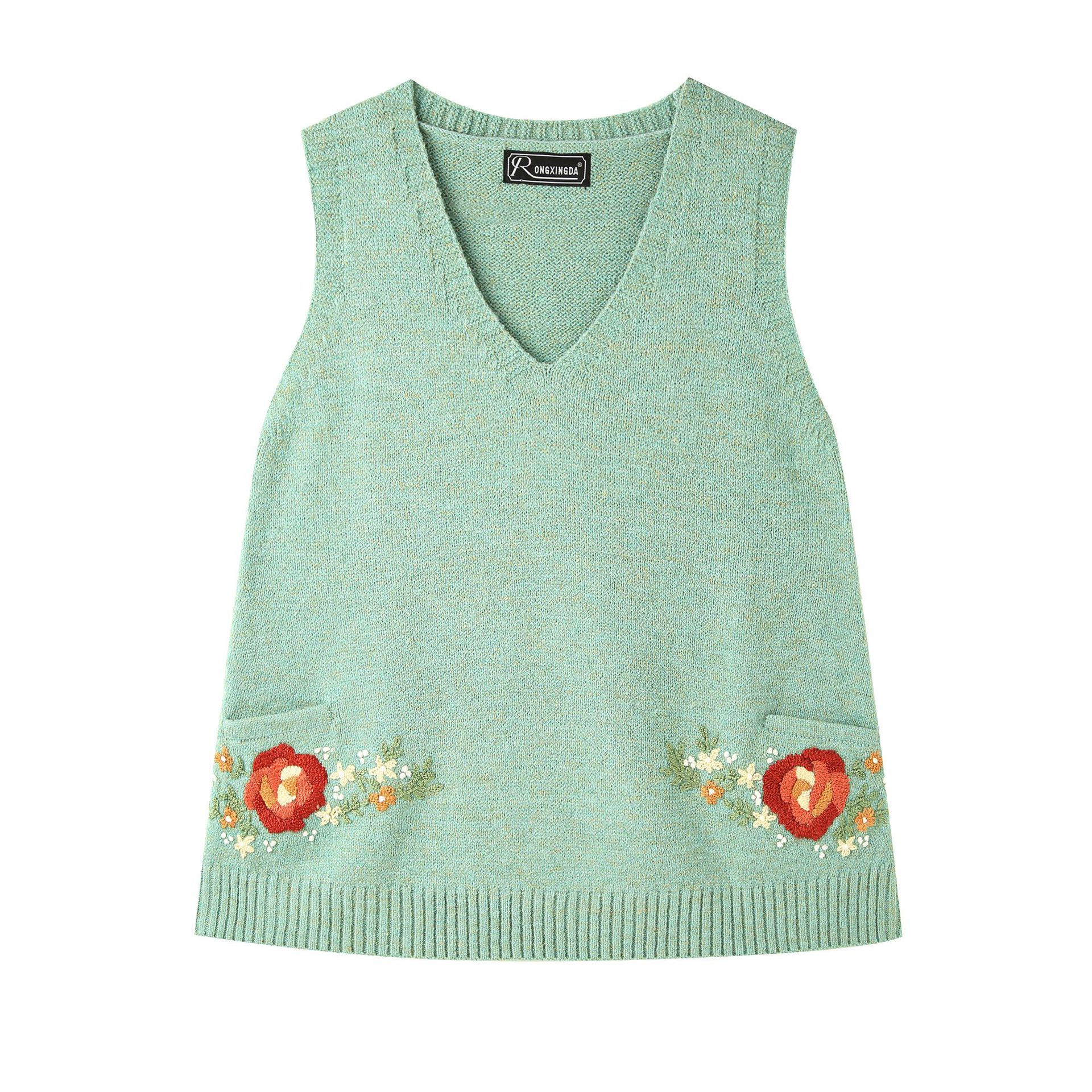 复古Vintage手工绣花羊毛V领套头马甲裙女装宽松毛衣8962/8911