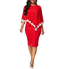 Temperament solid color slim lace round neck knitted dress