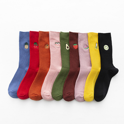 New manufacturer's autumn and winter fruit embroidered cotton socks for women Korean style pile socks Japanese solid color stockings