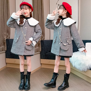 女童呢子大衣2020秋冬新款童装洋气千鸟格时髦风衣女孩毛呢外套潮