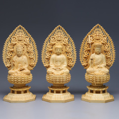 A Huangyang Cypress Incense Burner with Three Saints Statue, Seated on a Lotus Throne, Screen with Dizang Wanshu and Shakyamuni Bodhisattva, Guanyin Wood Carving